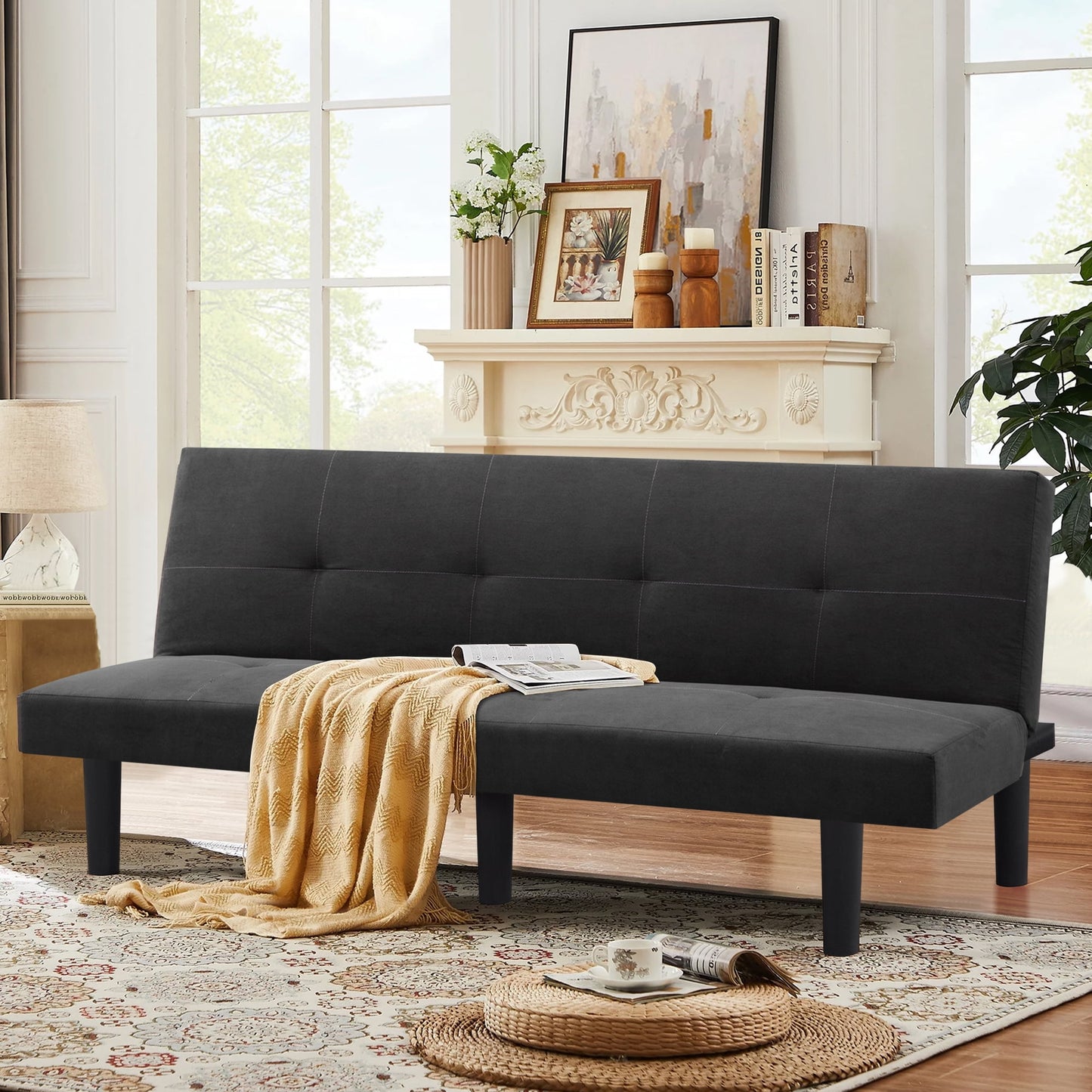 70in Futon Sofa Bed,Faux Suede Convertible Sleeper Sofa,Upholstered Folding Futon Couch with 3 Adjustable Backrest Angles,Twin Size Sofa for Small Space,Apartment,Living Room,Dark Gray