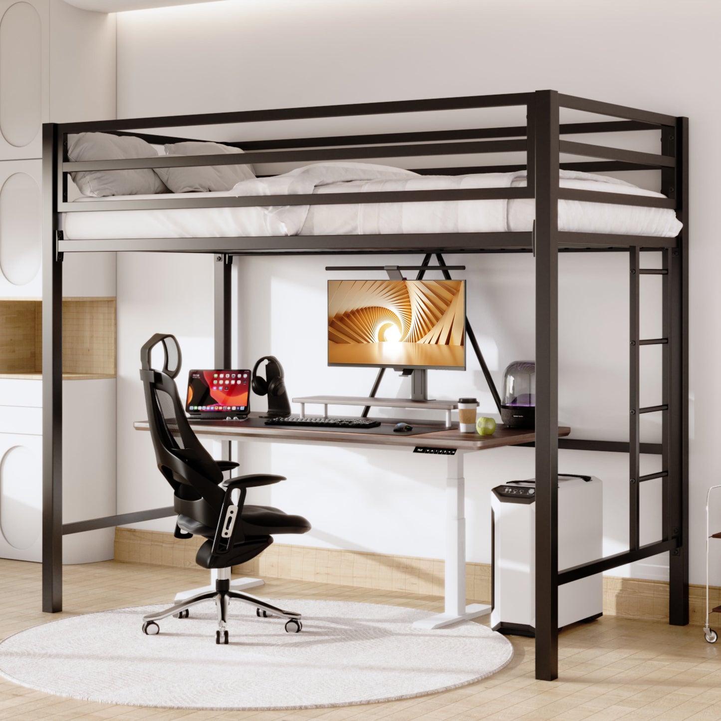 Sifurni Black Heavy Duty Twin Size Metal Loft Bed with Full-Length Guardrail & Removable Stairs