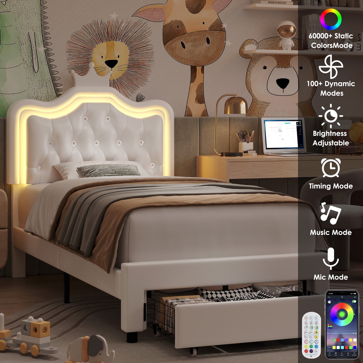 Homfa Twin Size LED Bed Frame with Storage Drawer, PU Leather Crown Platform Bed with Crystal Tufted Upholstered Adjustable Headboard, White