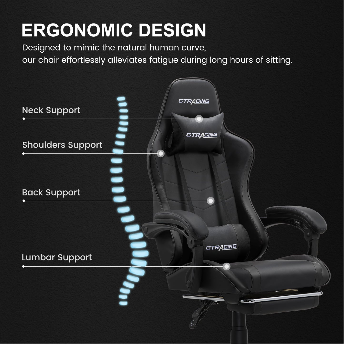 GTRACING GTWD-200 Ergonomic Gaming Chair with Adjustable Pillows and Footrest for Ultimate Comfort, Black
