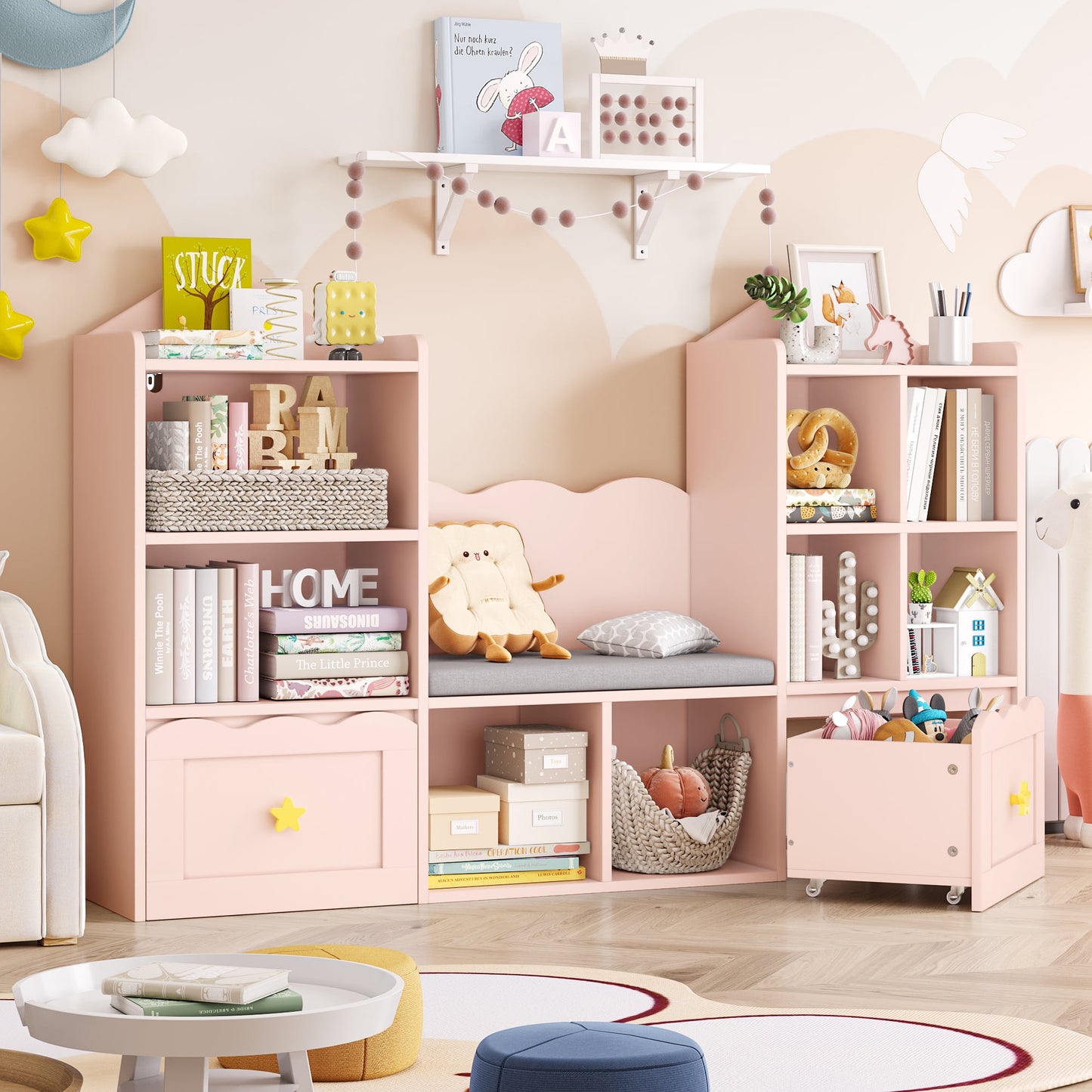 Homfa Kids Bookshelf with Reading Nook, Kids Storage Cabinet with 8 Cubby, 2 Wood Toy Bin for Nursery Kids Room, Pink