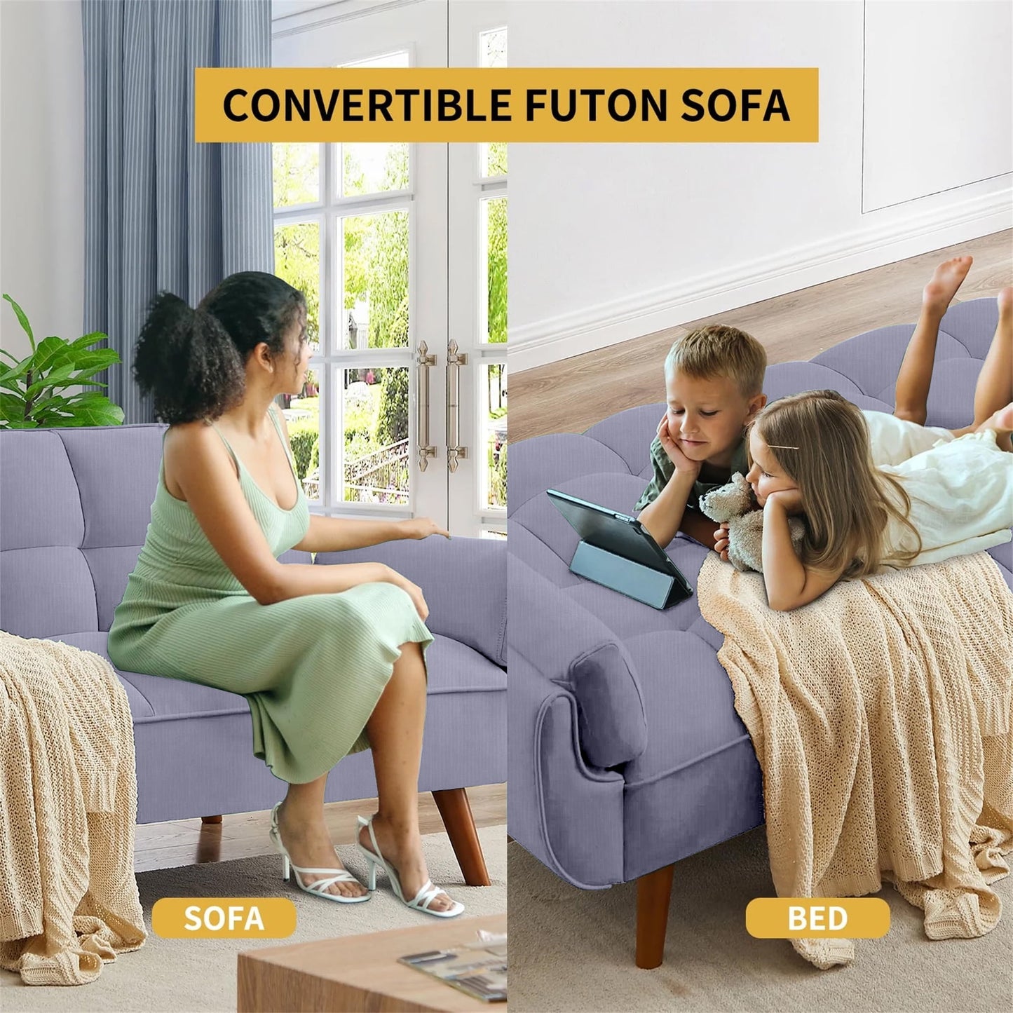 Aukfa 75in Flared Arm Futon Convertible Sofa Bed, Curved Sleeper Sofa for Home Office, Corduroy, Gray