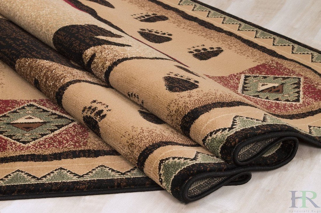Handcraft Rugs Cabin Rug Lodge, Cabin Nature and Animals Area Rug Modern Geometric Design Cabin Area Rug Abstract, Brown/Green/RedMother Bear/Cub/Footprint 8x10 feet