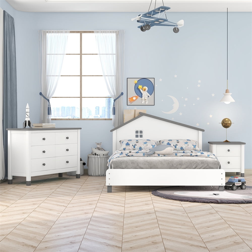 3-Pieces Bedroom Set Furniture, Full Size Platform Bed with Nightstand of 2 Drawers and Storage Dresser of 6 Drawers, Modern Wood Bedroom Sets for Kids Teens Adults, Easy Assembly, White+Gray