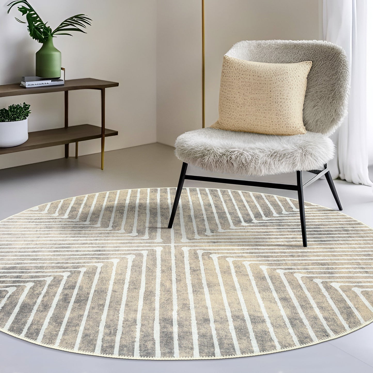 GLN Rugs Ephesus - Machine Washable Area Rug - 5' Round Turkish Modern Rug Beige/Gray