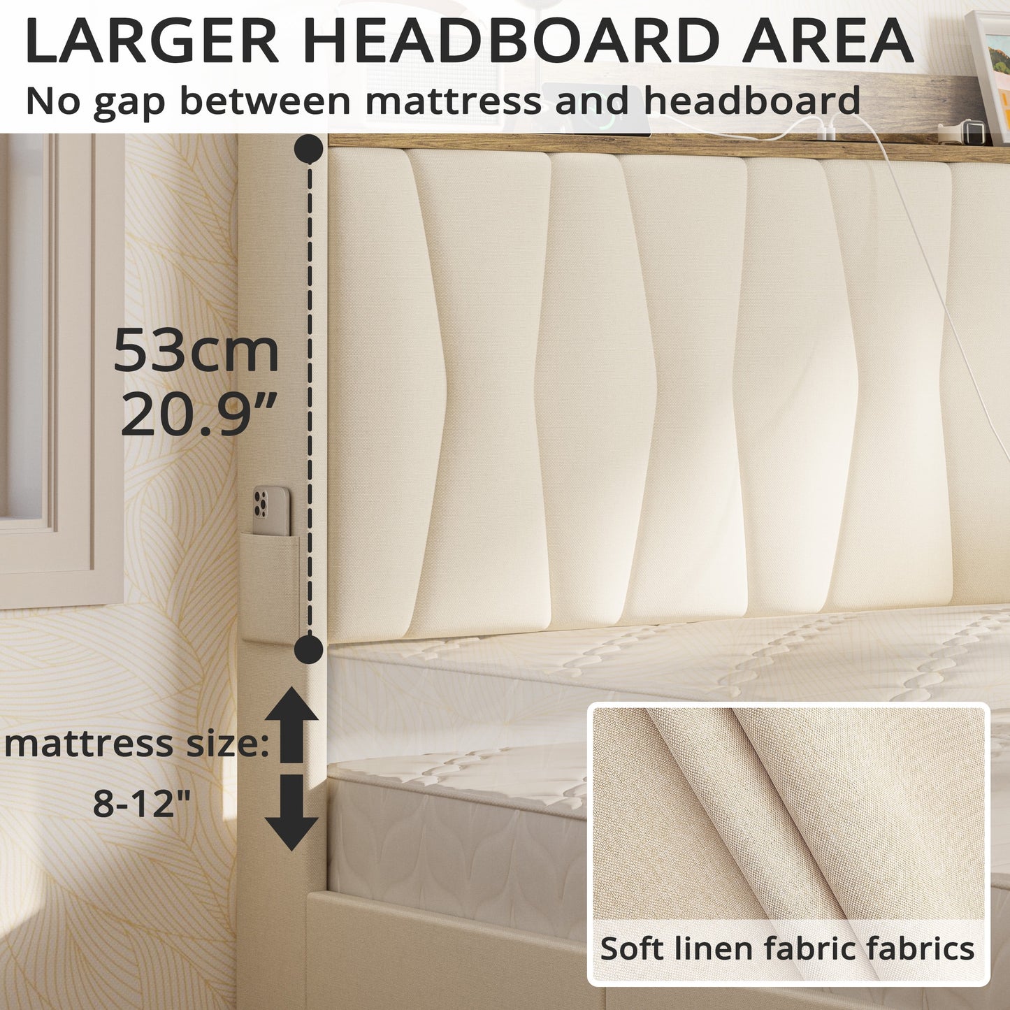 ANCTOR Queen Bed Frame with Upholstered Storage Headboard for Adult, 3 Drawers, Charging Station