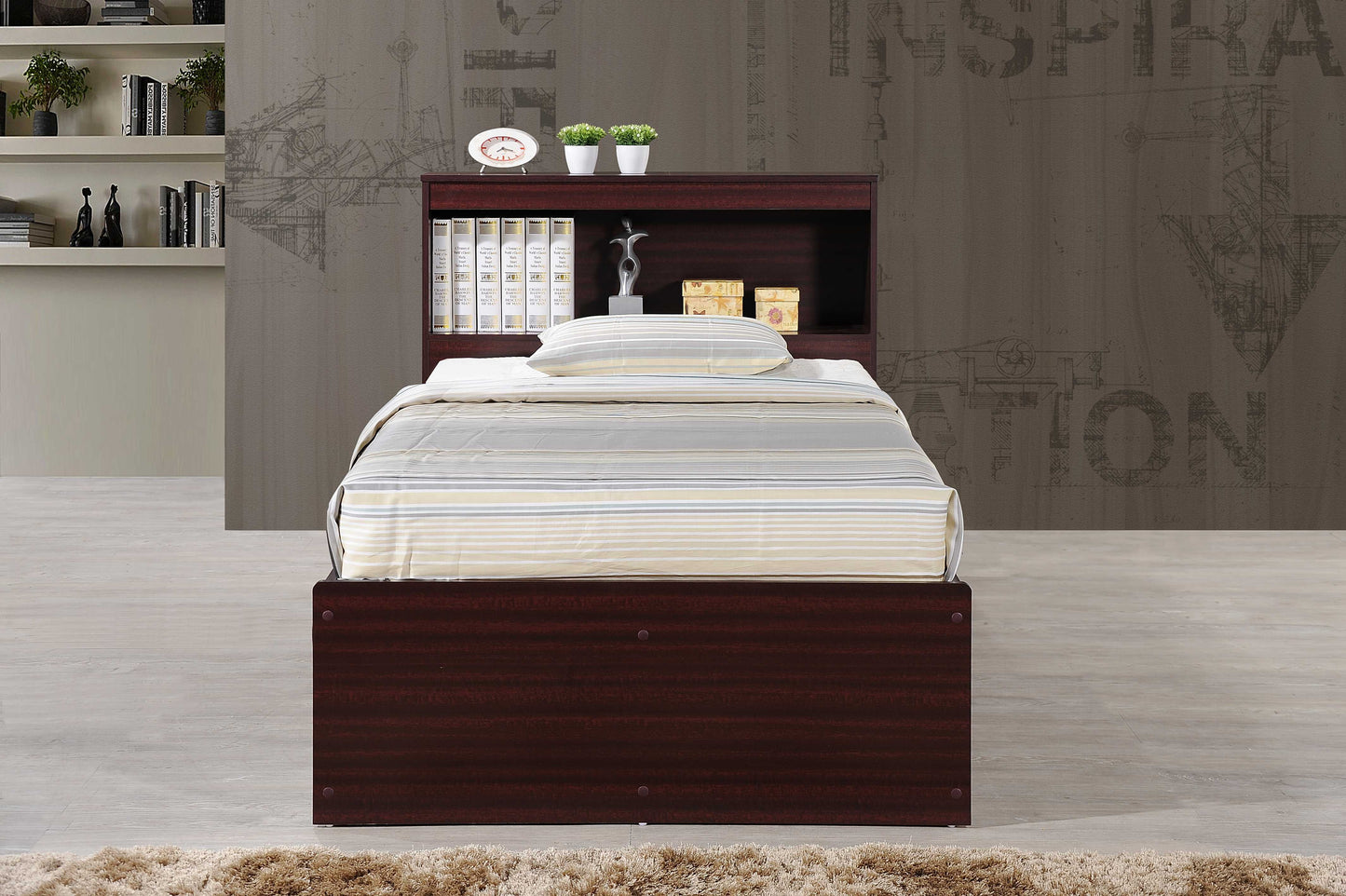 Hodedah Twin-Size Captain Bed with 3-Drawers and Headboard in Mahogany
