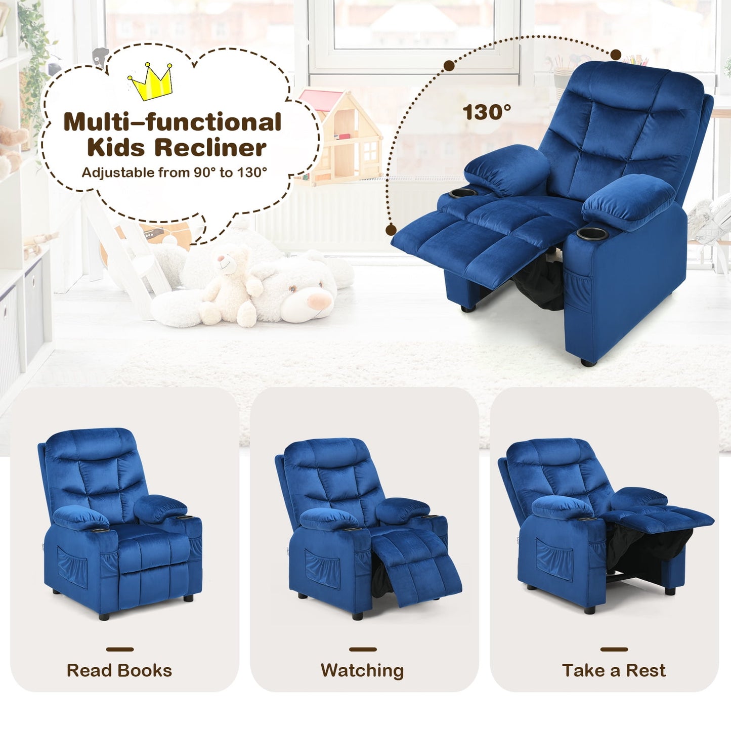 Infans Kids Youth Recliner Chair Velvet Fabric w/Cup Holder & Side Pocket Blue