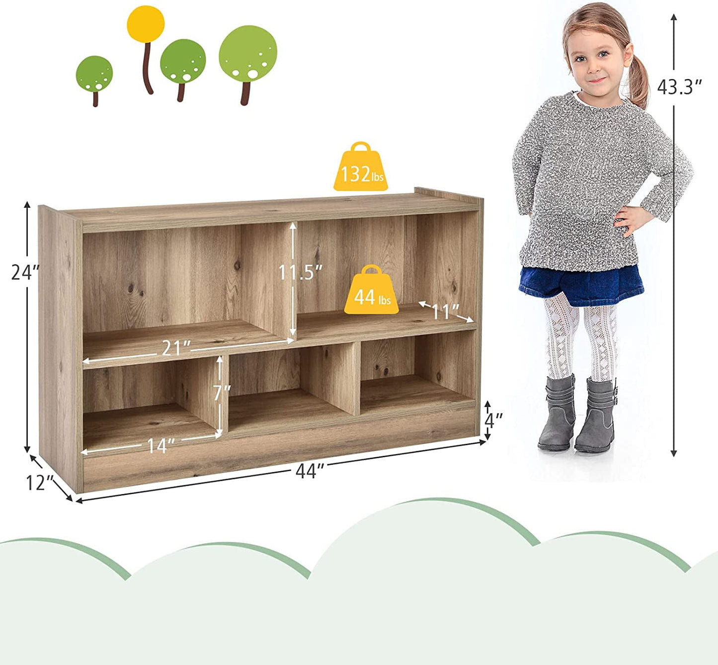 HONEY JOY Kids Toy Storage Organizer, 5-Section Storage Daycare Shelf for Preschool, Children 2-Tier Open Wooden Display Book Shelf Organizer for Classroom, Playroom & Nursery, Kindergarten(Dark Gray)