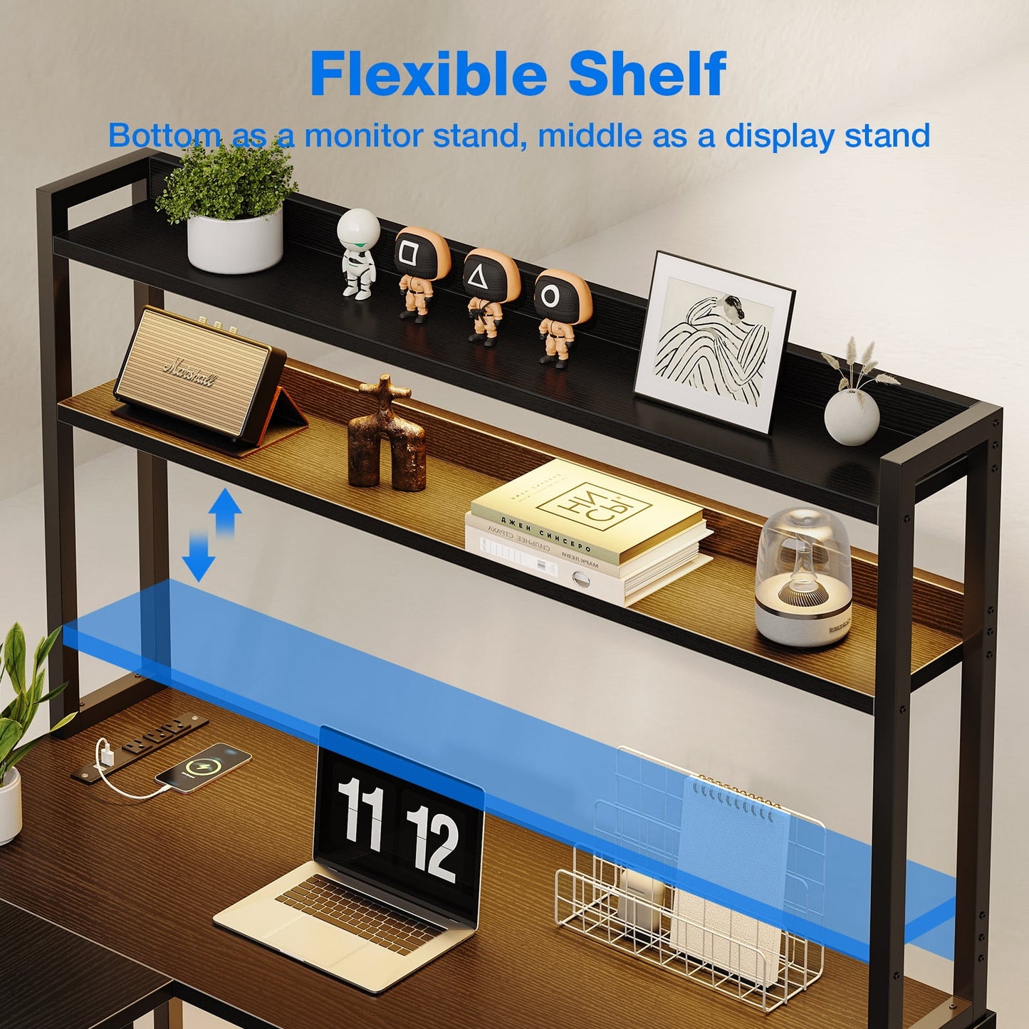 59in Reversible L-Shaped Gaming Desk with Power Outlets & LED Lights, Office Desk with Storage Drawer & Keyboard Tray for Home Office, Corner Computer Desk with Hutch, Pure Black