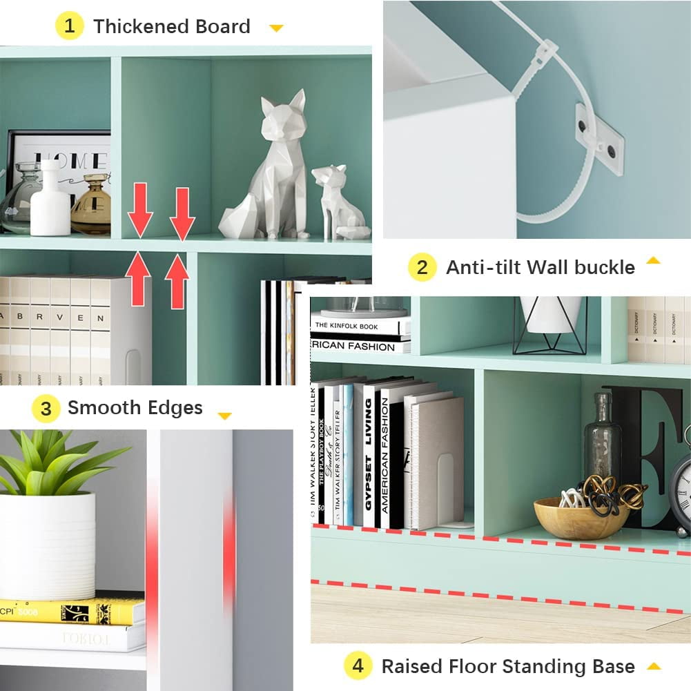 IOTXY Open Shelf Low Bookcase - Wooden 3-Tier Floor Standing Display Cabinet Organizer with Base, 7 Cubes Short Horizontal Bookshelf in Bright Blue