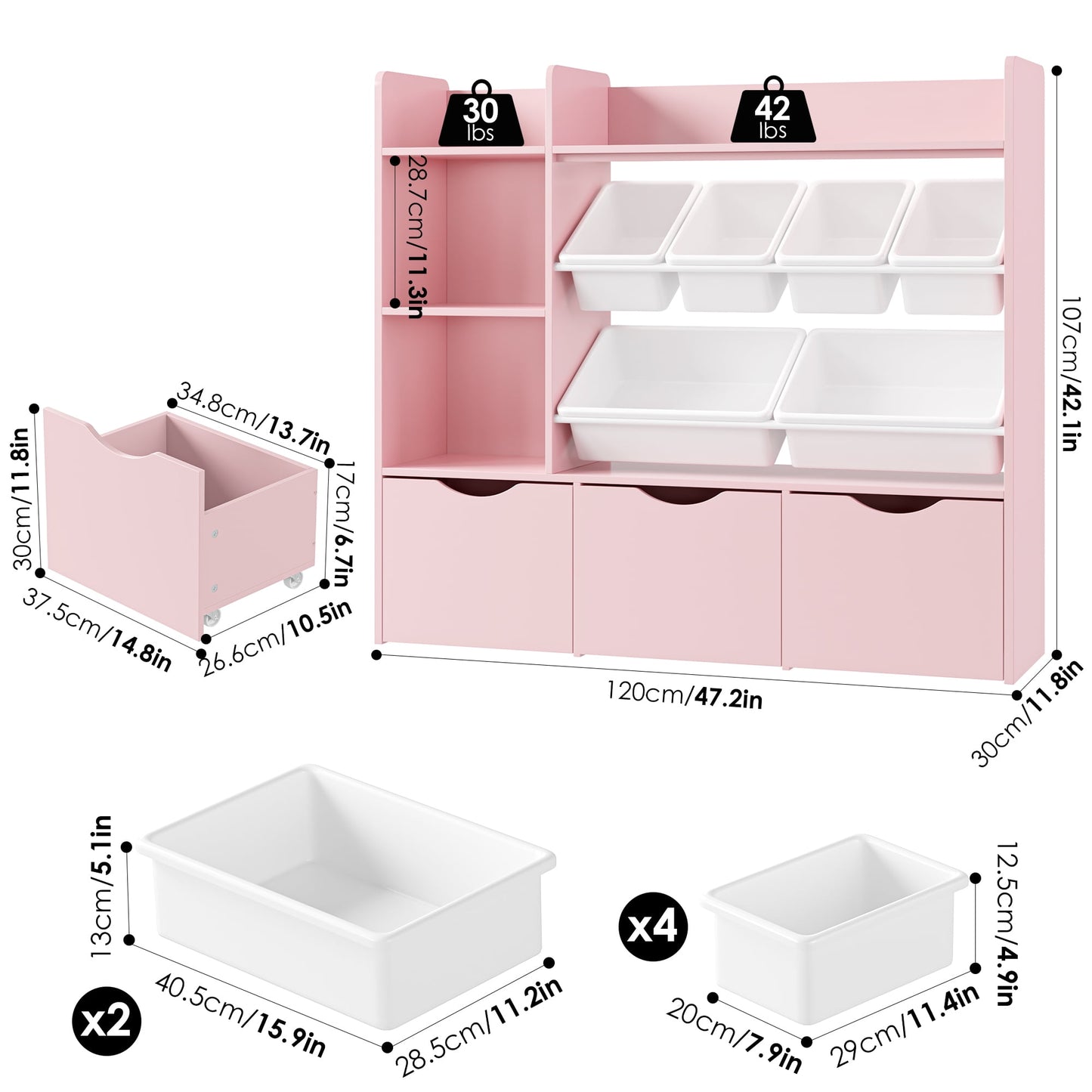 Homfa Kids Bookcase with 6 Storage Bins, Multi-Purpose Toy Organizers Bookshelf with 3 Drawers for Bedroom Nursery Playroom, Pink
