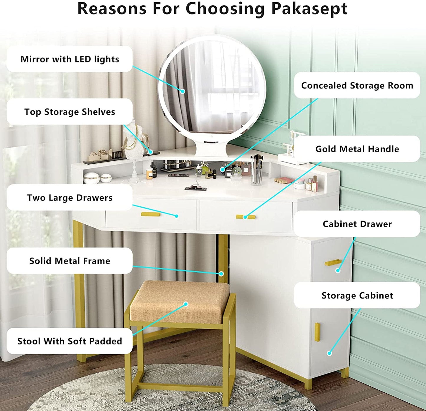 Smart Storage Corner Vanity Set with Lighted Mirror and Large Cosmetic Drawers by TZUTOGETHER