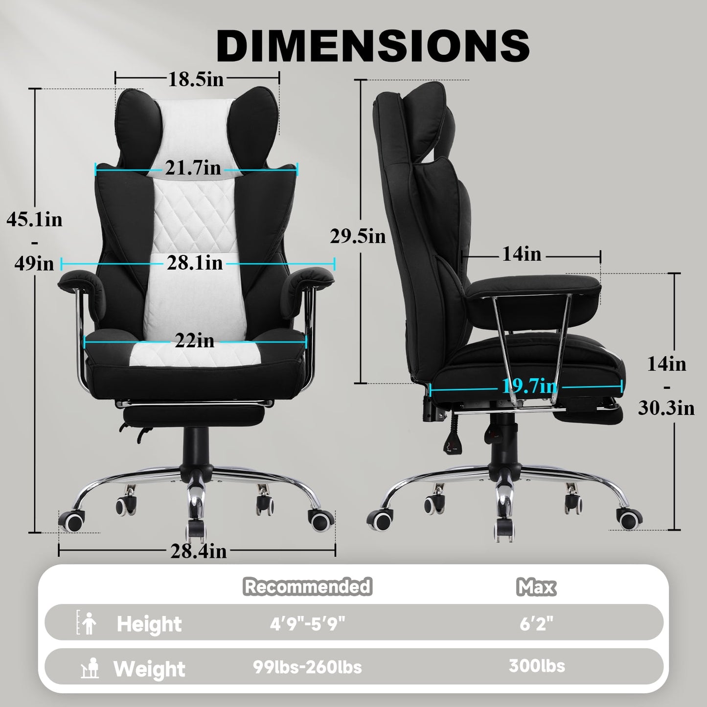 GTRACING Gaming Chair Ergonomic Executive Cozy Fabric Office Chair with Footrest, Black&Gray
