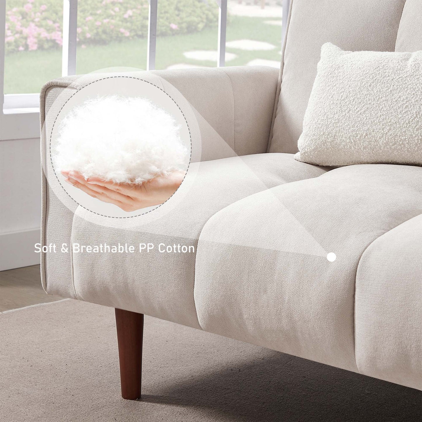 Aukfa 81in Oversized Futon Convertible Sofa Bed, Tufted Couch for Living Room, 2 Pillow, Linen, Beige