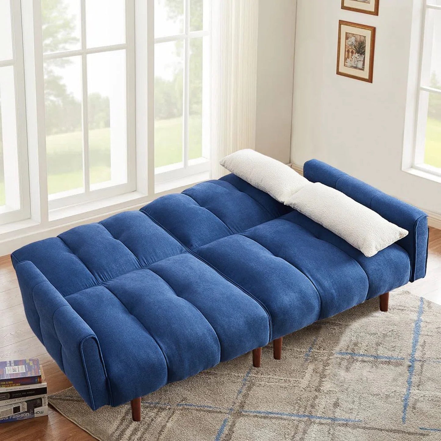 Aukfa 81in Oversized Futon Convertible Sofa Bed, Tufted Couch for Living Room, 2 Pillow, Linen, Blue