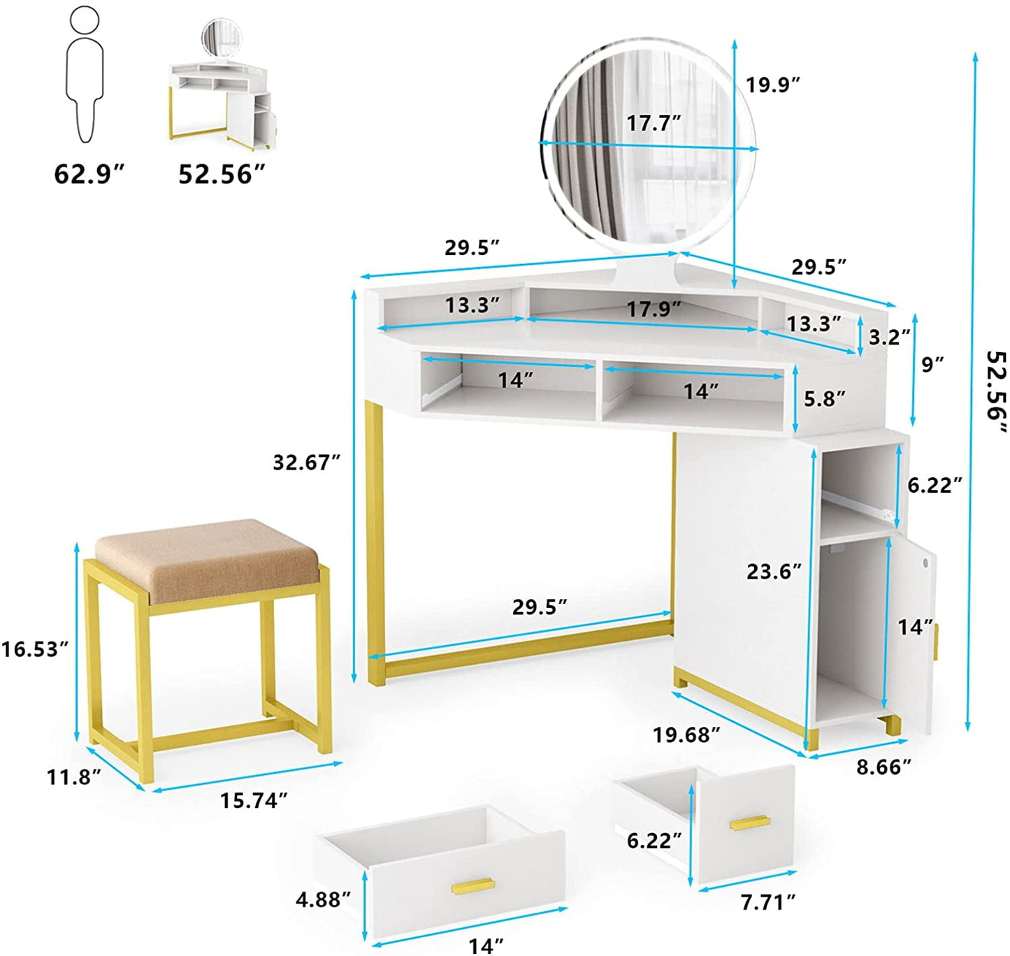 Smart Storage Corner Vanity Set with Lighted Mirror and Large Cosmetic Drawers by TZUTOGETHER
