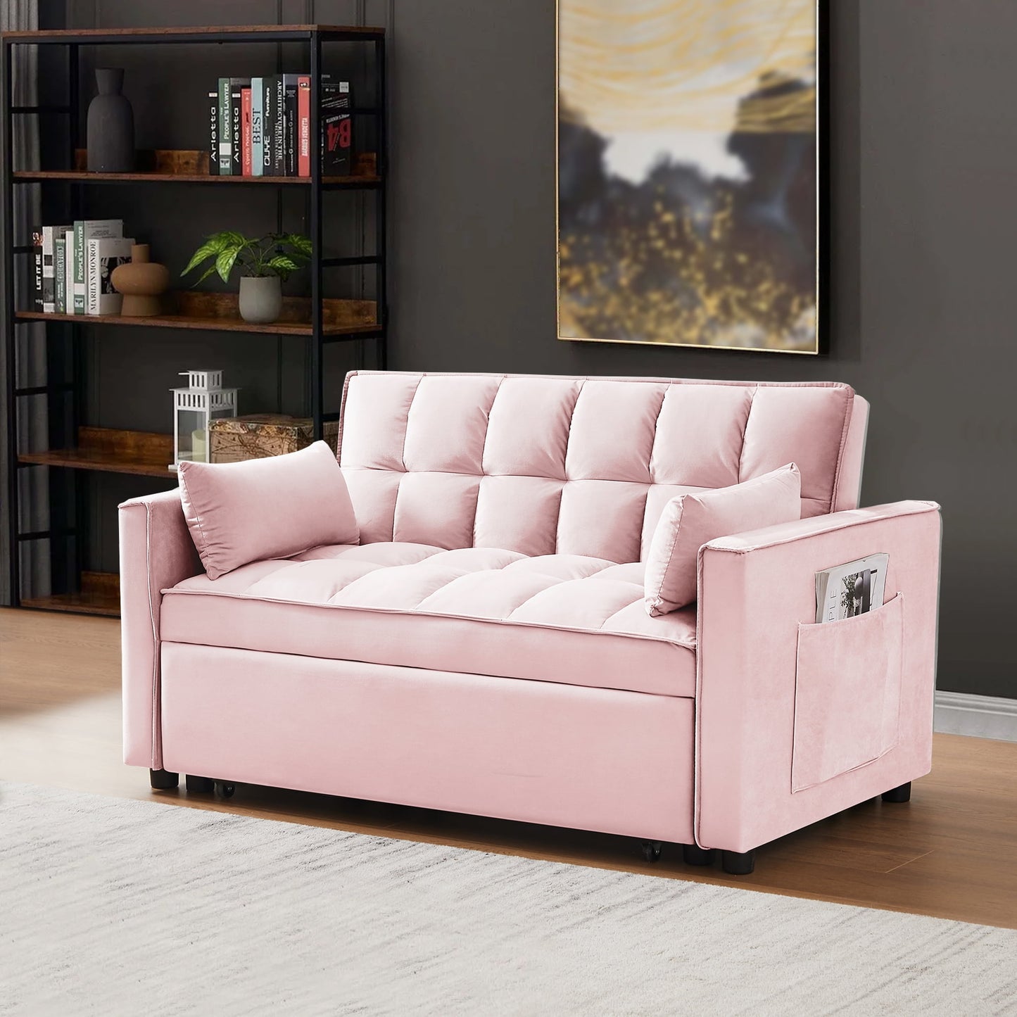 55 Inch Convertible Futon Sofa Bed,Modern Loveseat Sleeper Sofa Couch with Pull-Out Sofa Bed for Living Room,Small Space - Pink