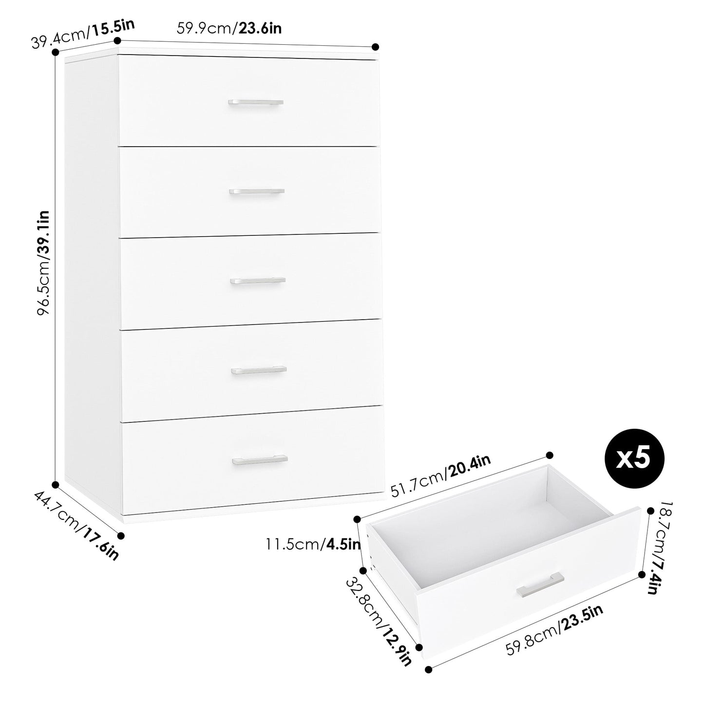 Homfa White Dresser with 5 Drawers, Vertical Chest of Drawers Wood Storage Cabinet for Bedroom Living Room