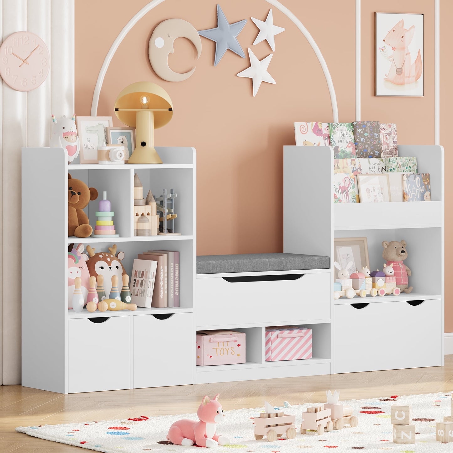 Hiphuta 53in L Kid's Bookshelf with Reading Nook and Under Bench Storage, 8 Shelf Bookcase with 3 Wood Toy Bins & 3 Tier Book Rack for Children Kidsroom