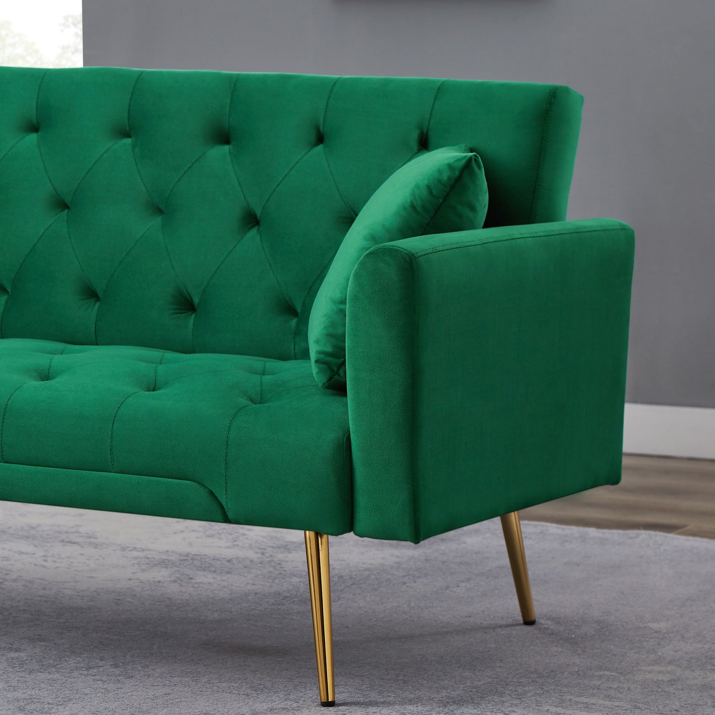 71 Inches Velvet Futon Sofa Bed with 2 Pillows,Modern Convertible Futon Couch with 3 Adjustable Backrest Angles and Gold Metal Feet,Suitable for Apartment,Living Room,Small Space,Gray