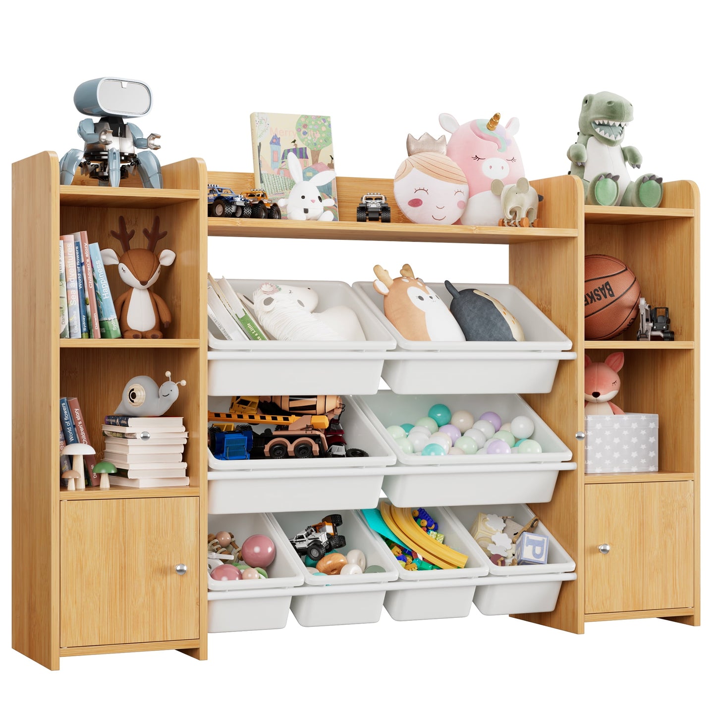 Homfa Kids Toy Organization Cubby Bookcase with 9 Bin, 2 Door Storage Organizer Bookshelf for Children Room Playroom, Natural