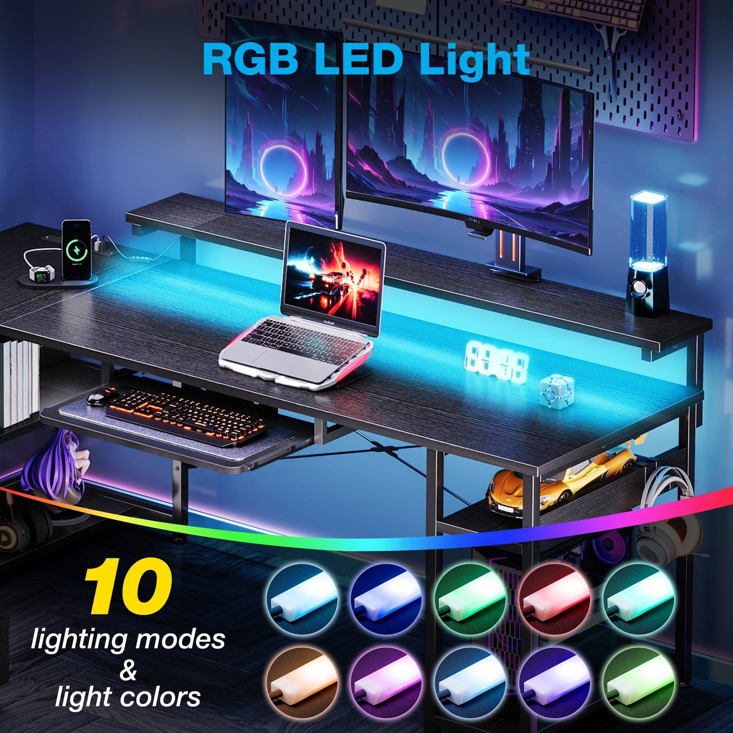 KKL 61 inch L Shaped Gaming Desk with 4 Drawers & Power Outlets, Home Office Desk with Adjustable Heights Monitor Stand & Keyboard Tray, Computer Desk with LED Light, Pure Black