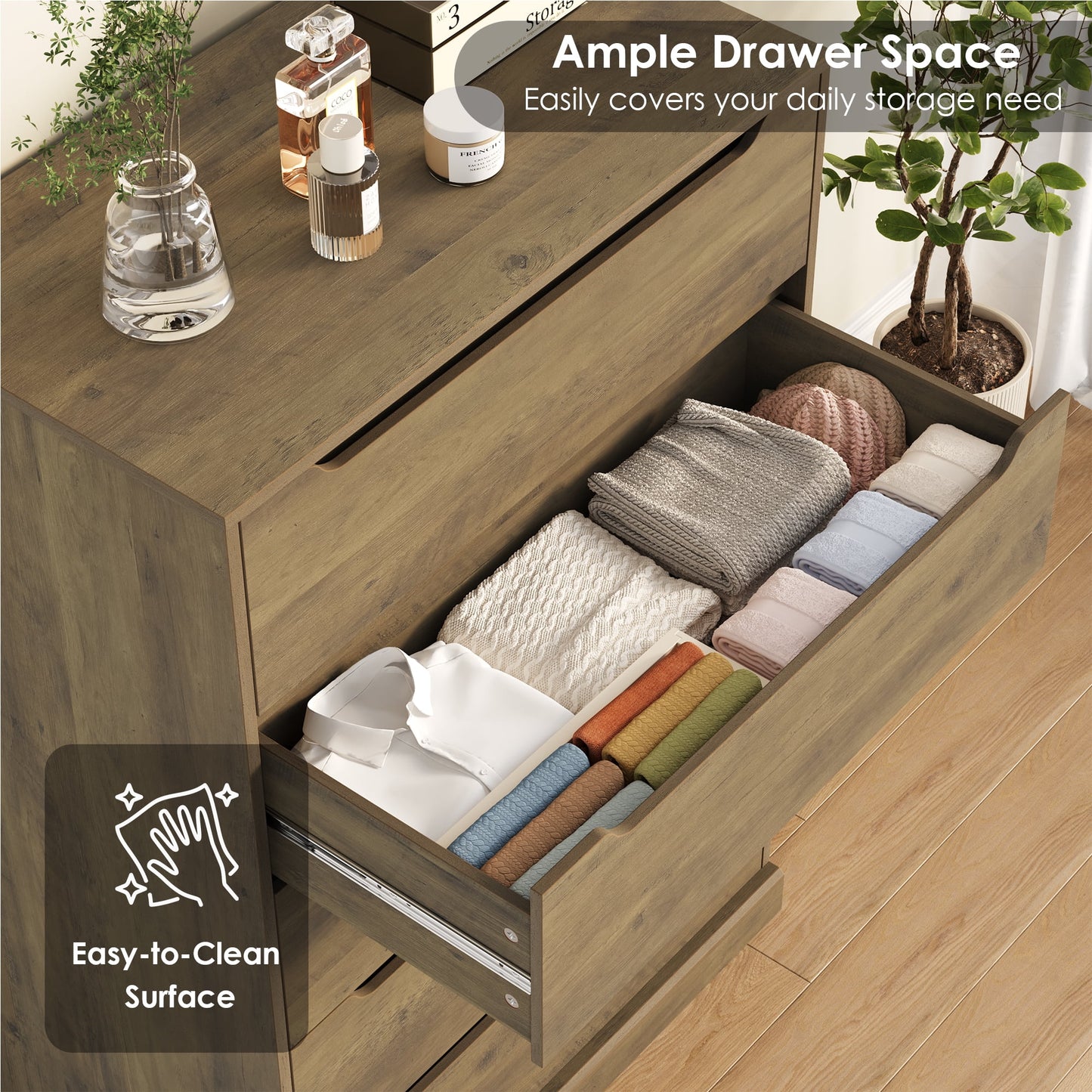 Homfa Vertical 5 Drawer Dresser, Wood Storage Cabinet with Upgraded Stable Base for Bedroom Living Room, Rustic Brown