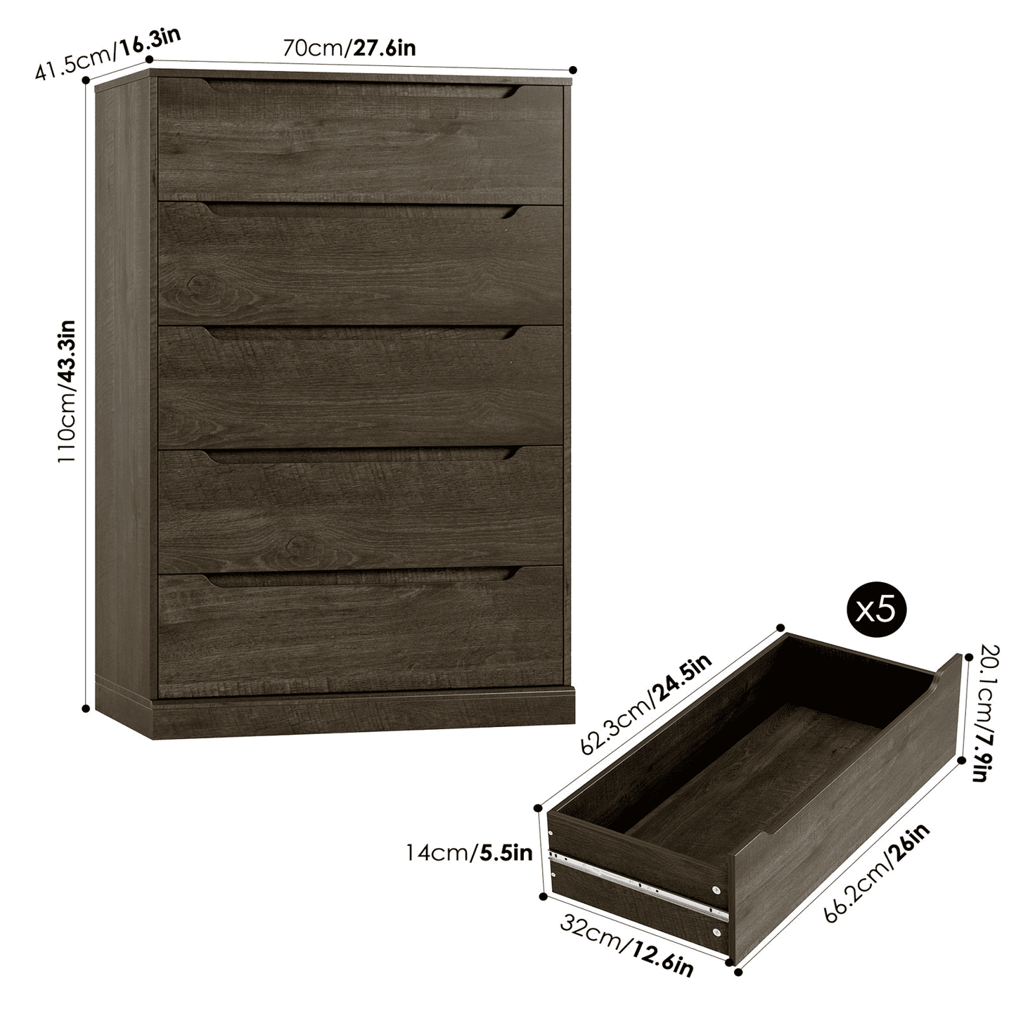 Homfa Vertical 5 Drawer Dresser, Wood Storage Cabinet with Upgraded Stable Base for Bedroom Living Room, Brown