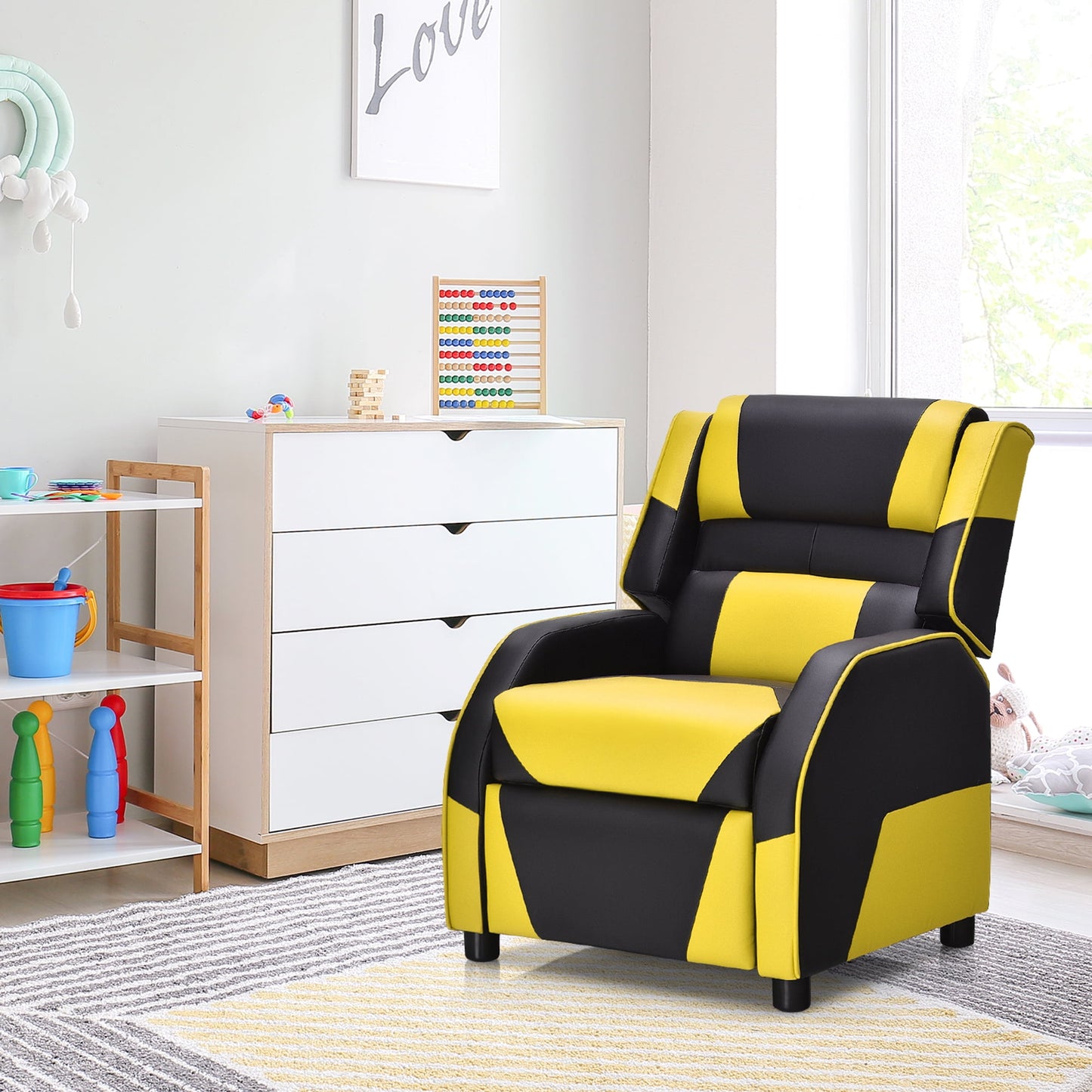 Gymax Gaming Recliner Sofa PU Leather Armchair for Kids Youth w/ Footrest Yellow