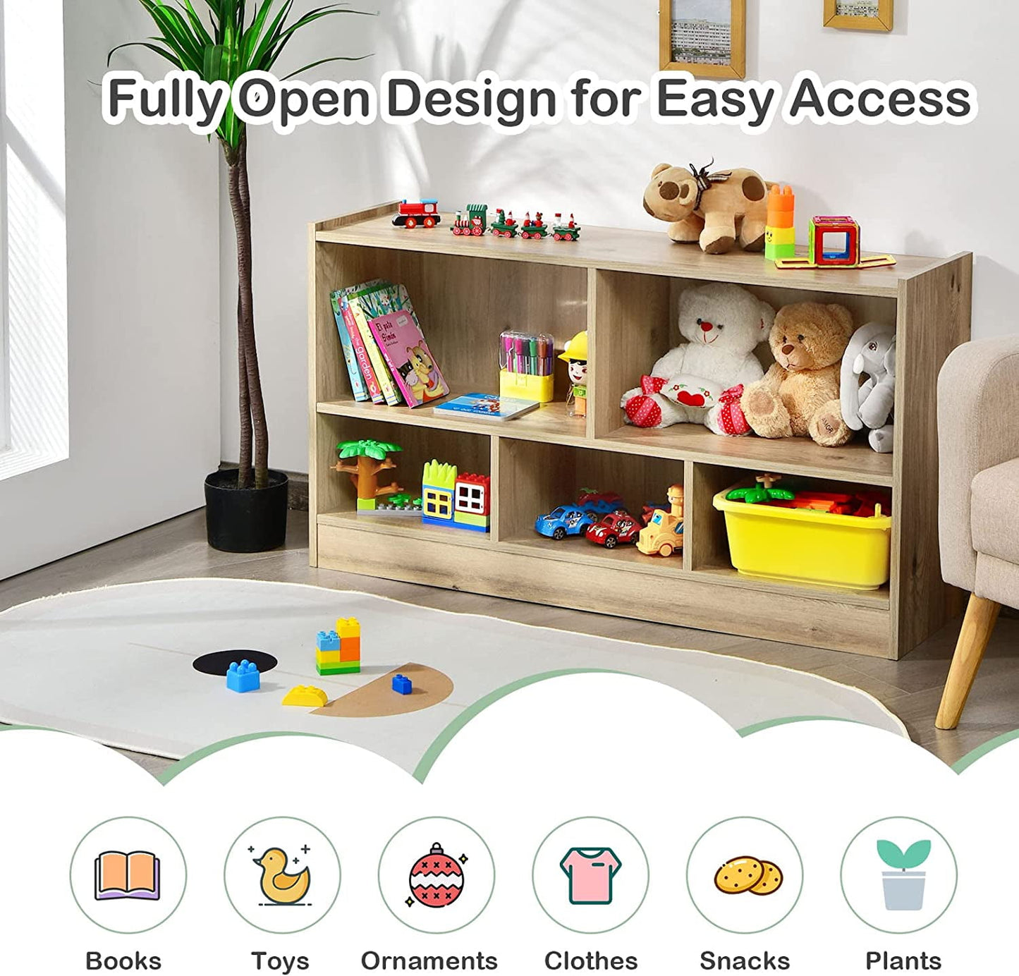 HONEY JOY Kids Toy Storage Organizer, 5-Section Storage Daycare Shelf for Preschool, Children 2-Tier Open Wooden Display Book Shelf Organizer for Classroom, Playroom & Nursery, Kindergarten(Dark Gray)