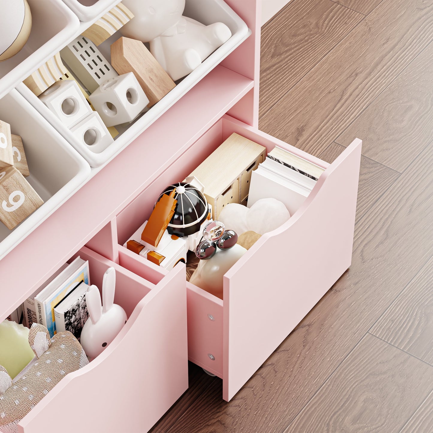 Homfa Kids Bookcase with 6 Storage Bins, Multi-Purpose Toy Organizers Bookshelf with 3 Drawers for Bedroom Nursery Playroom, Pink