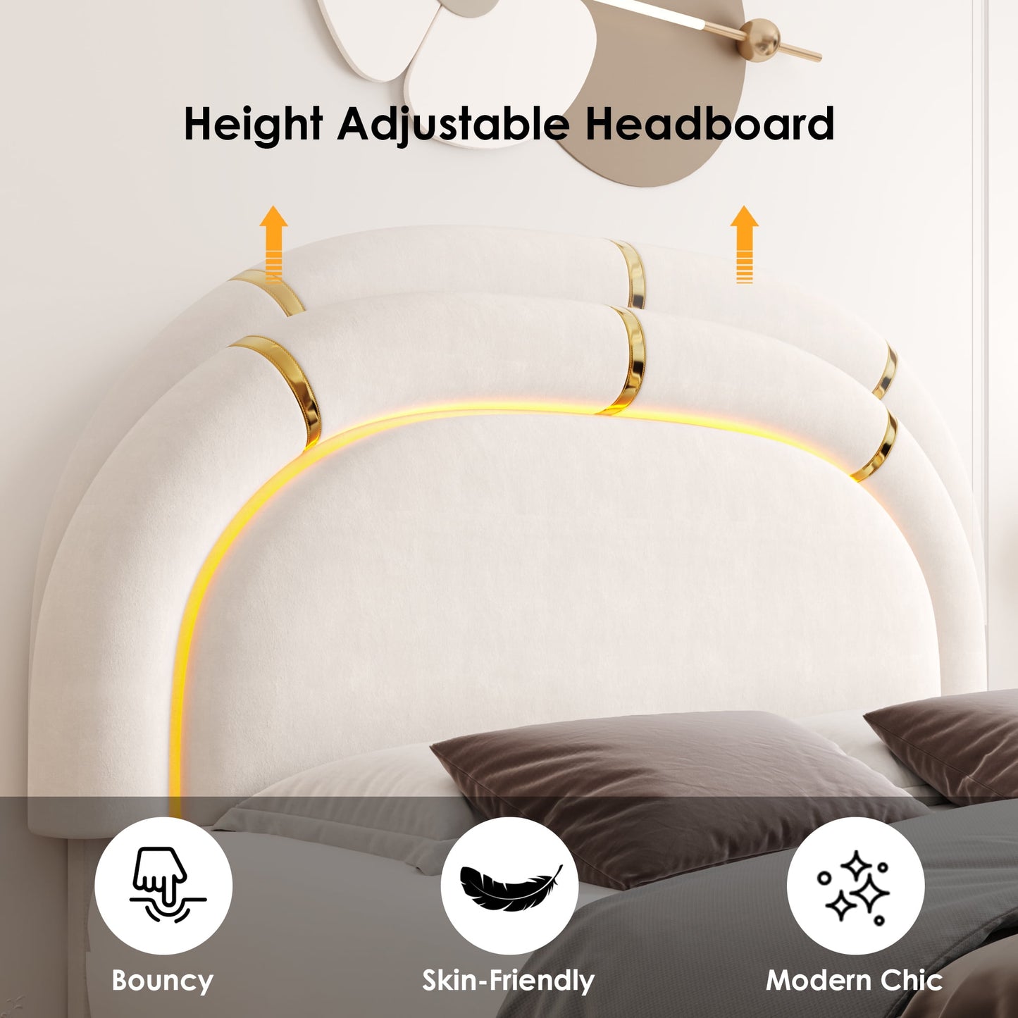 Homfa Queen Size LED Bed Frame with 2 Storage Drawer, Modern Velvet Tufted Upholstered Platform Bed with Arched Headboard for Bedroom, Beige