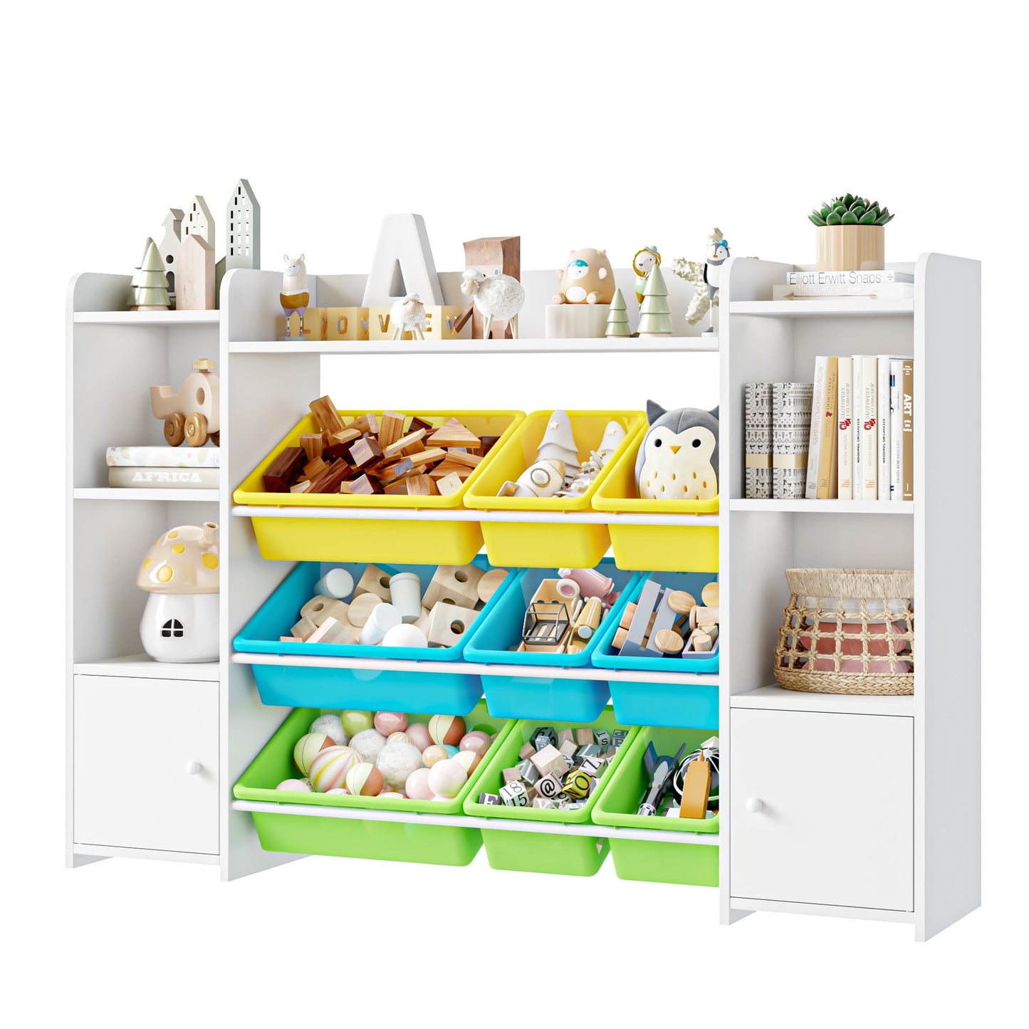 Homfa Kids Bookcase with 9 Bins, White Toy Cubby Storage Organizer Bookshelf with 2 Door for Kids Room Playroom Organization