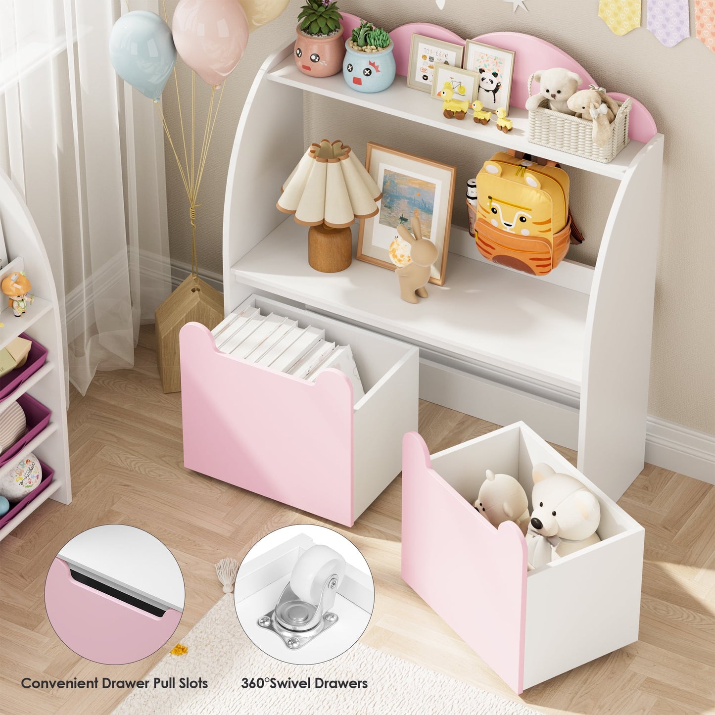 Hiphuta Kid's Toy Storage Organizer, Toddler Bookshelf with 6 Bins & 2 Removable Drawers, Book Rack Storage 3 Tiers, White Pink