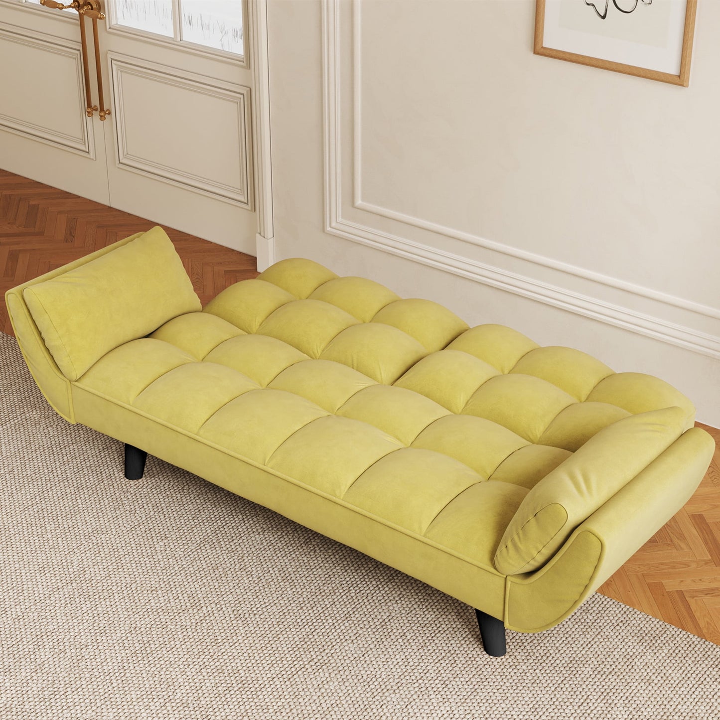 Aukfa 74in Flared Arm Futon Convertible Sofa Bed, Curved Sleeper Sofa for Home Office, Velvet, Yellow
