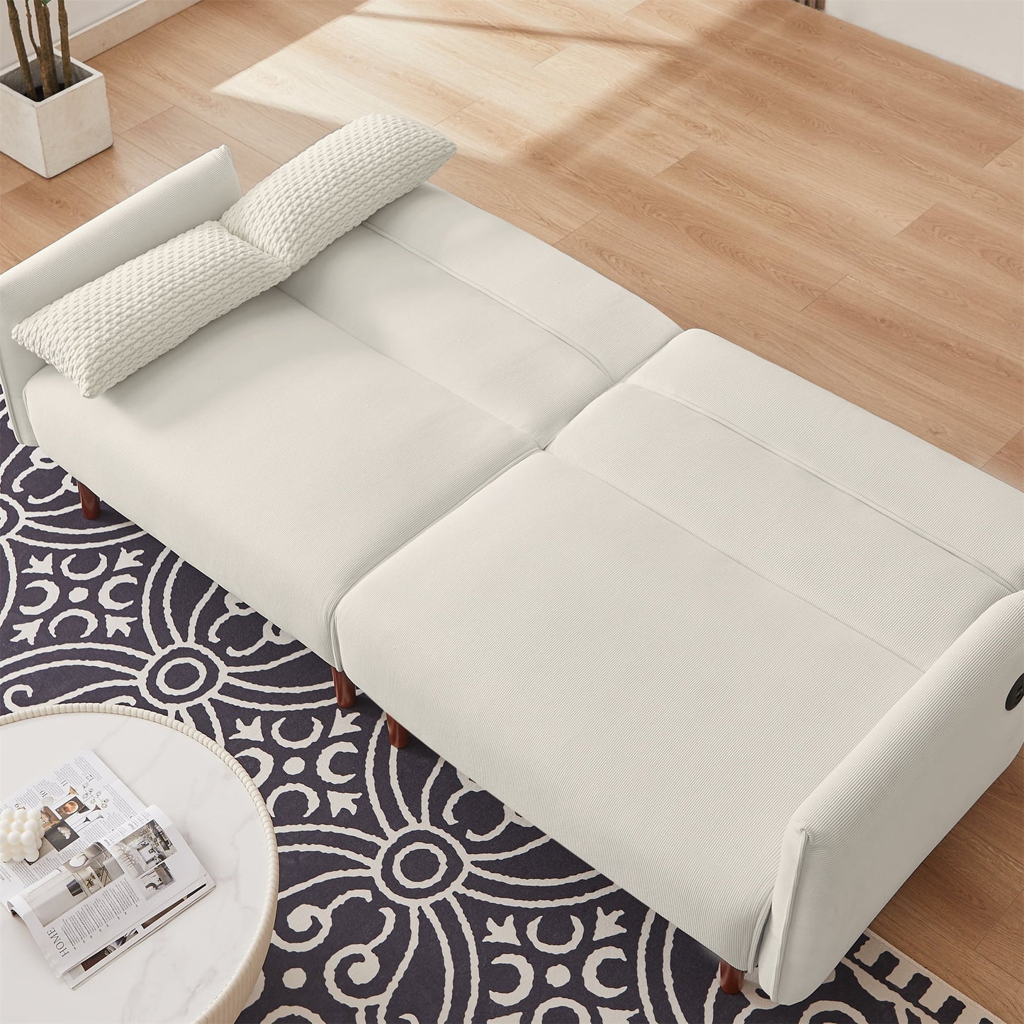 Aukfa 81in Oversized Futon Convertible Sofa Bed with USB Port for Living Room, 2 Pillows, Beige