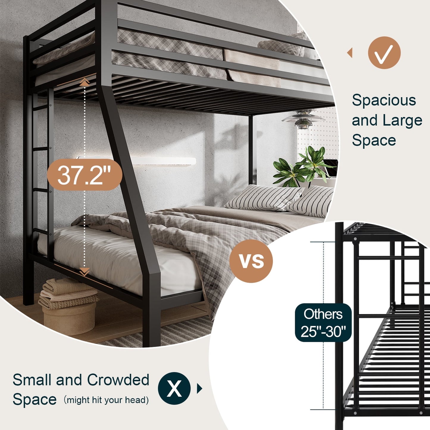 Amolife Twin over Full Metal Bunk Bed with Removable Ladder, Full-Length Guardrail, Black