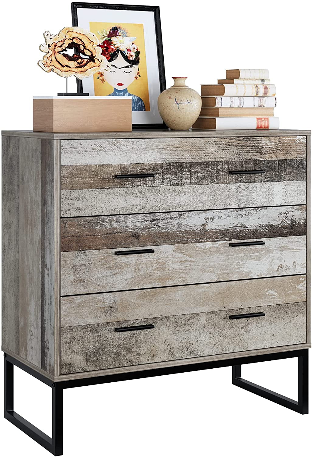 Homfa 31.5in Wide 3 Drawer Dresser, Wood Storage Cabinet Nightstand for Bedroom Living Room, Wash Gray