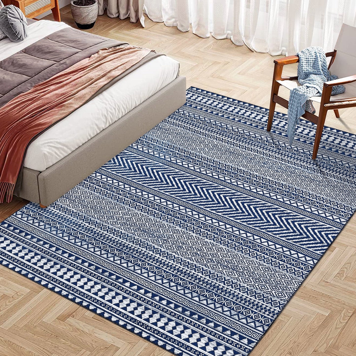 Haperlare Modern Geometric Area Rug 9 x 12 Ft Large Non-Slip Washable Living Room Rug Boho Bedroom Home Office Kitchen Large Dining Room Carpet, Navy Blue