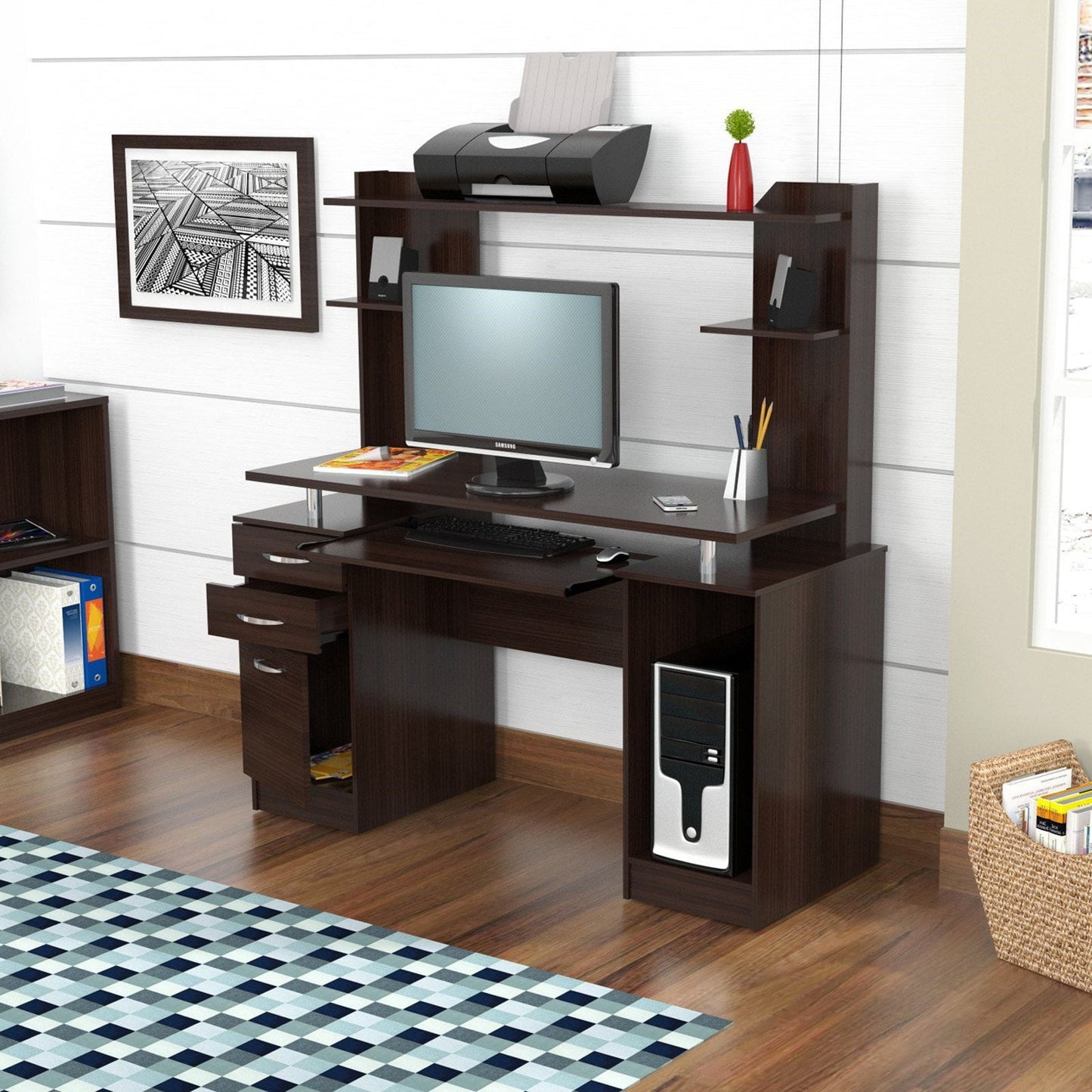 Inval Laminate 2-Pedestal Computer Office Desk with Hutch, Multiple Colors