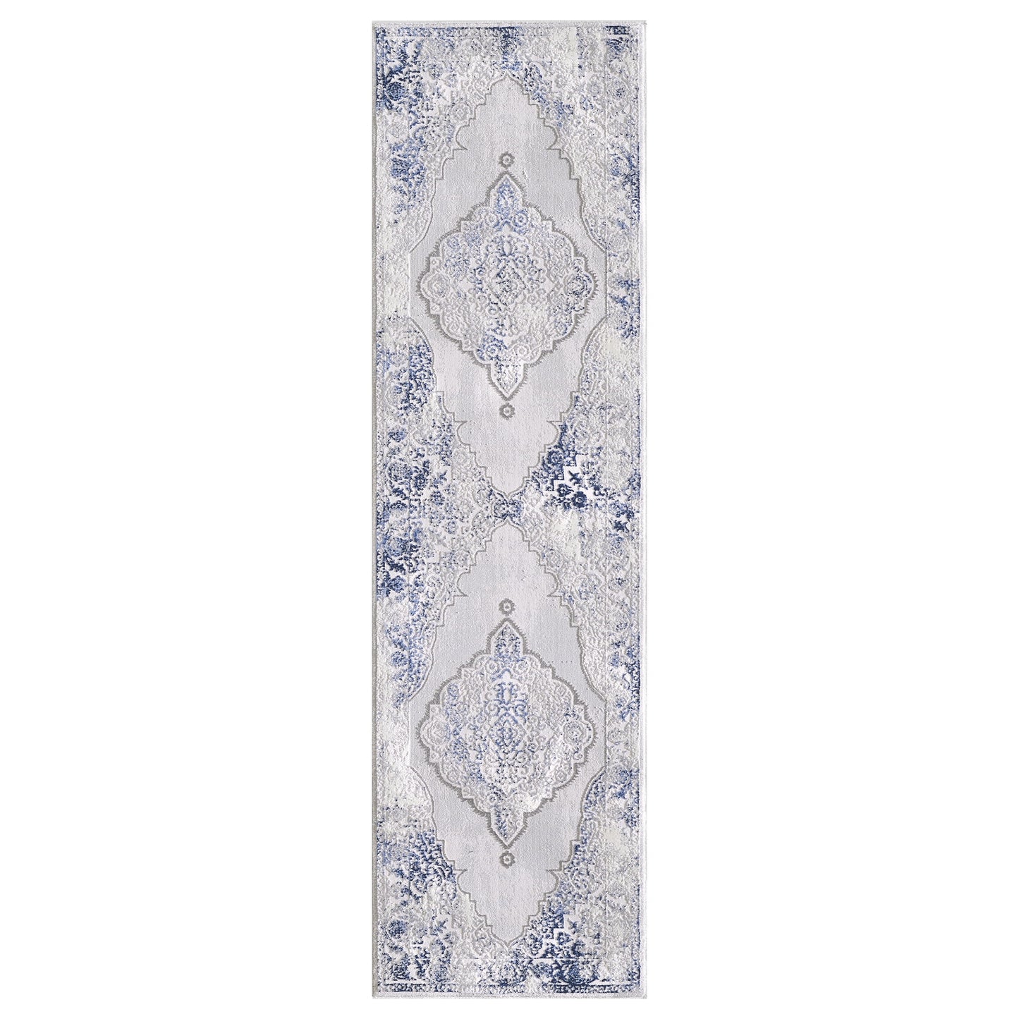 Allstar Rugs 2' 0in x 6' 11in Gainsboro Grey Traditional Persian Themed Polyester Runner with a Blue Bijar Design and Ivory Accents. Machine-Made in Turkey.