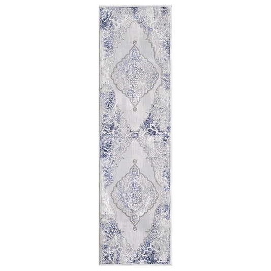 Allstar Rugs 2' 0in x 6' 11in Gainsboro Grey Traditional Persian Themed Polyester Runner with a Blue Bijar Design and Ivory Accents. Machine-Made in Turkey.