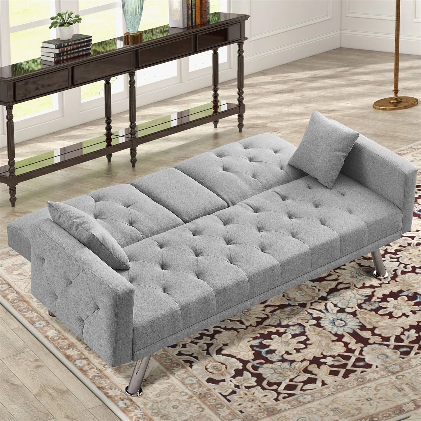 Aukfa 75in Tufted Futon Convertible Sofa Bed, Arm Couch for Home Office, 2 Cup Holders&Pillows, Gray