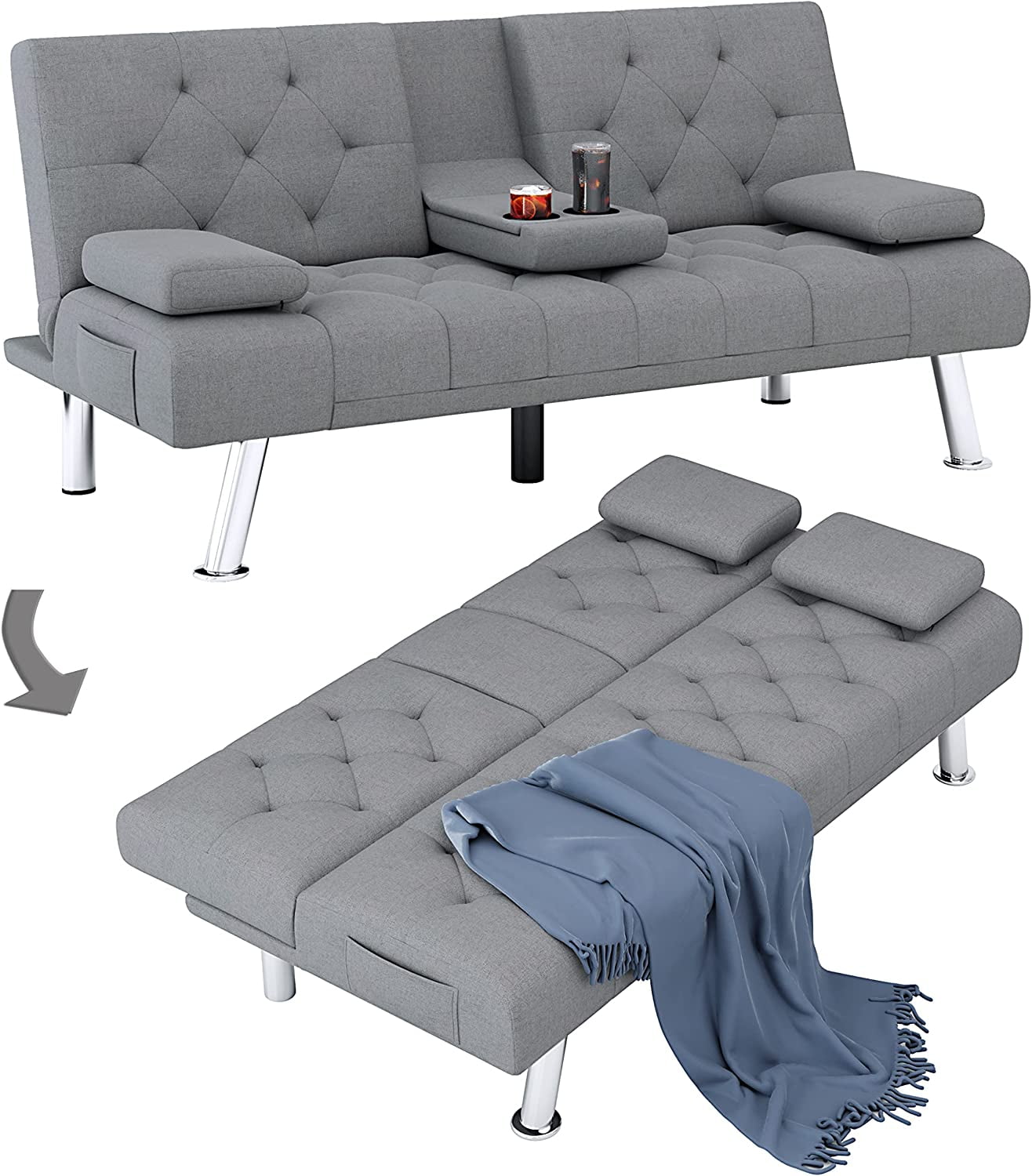 Homfa Convertible Futon Sofa Bed, 66.3in Upholstered Removable Armrests,Gray Finish