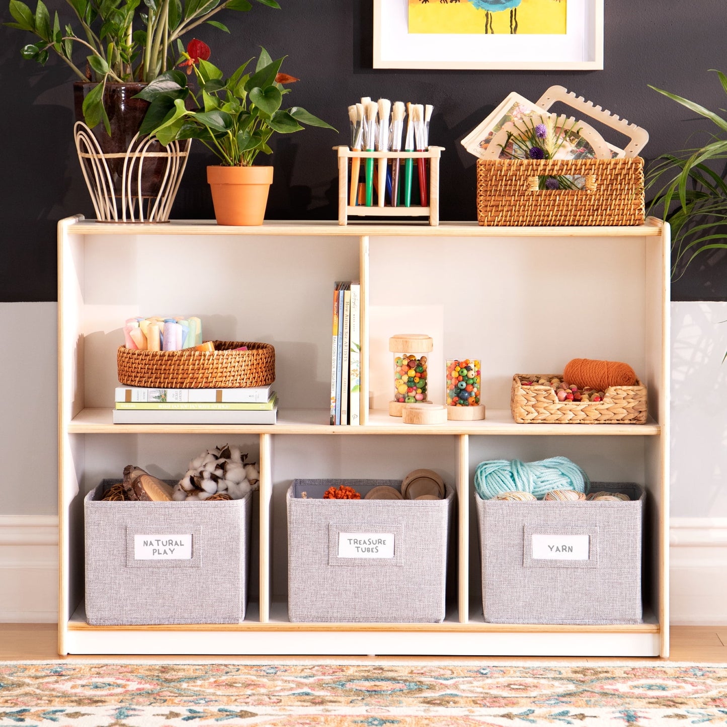 Guidecraft EdQ 2-Shelf 5-Compartment Storage 30in - White: Kids' Wooden Shelving for Books and Toys - Classroom Educational Furniture