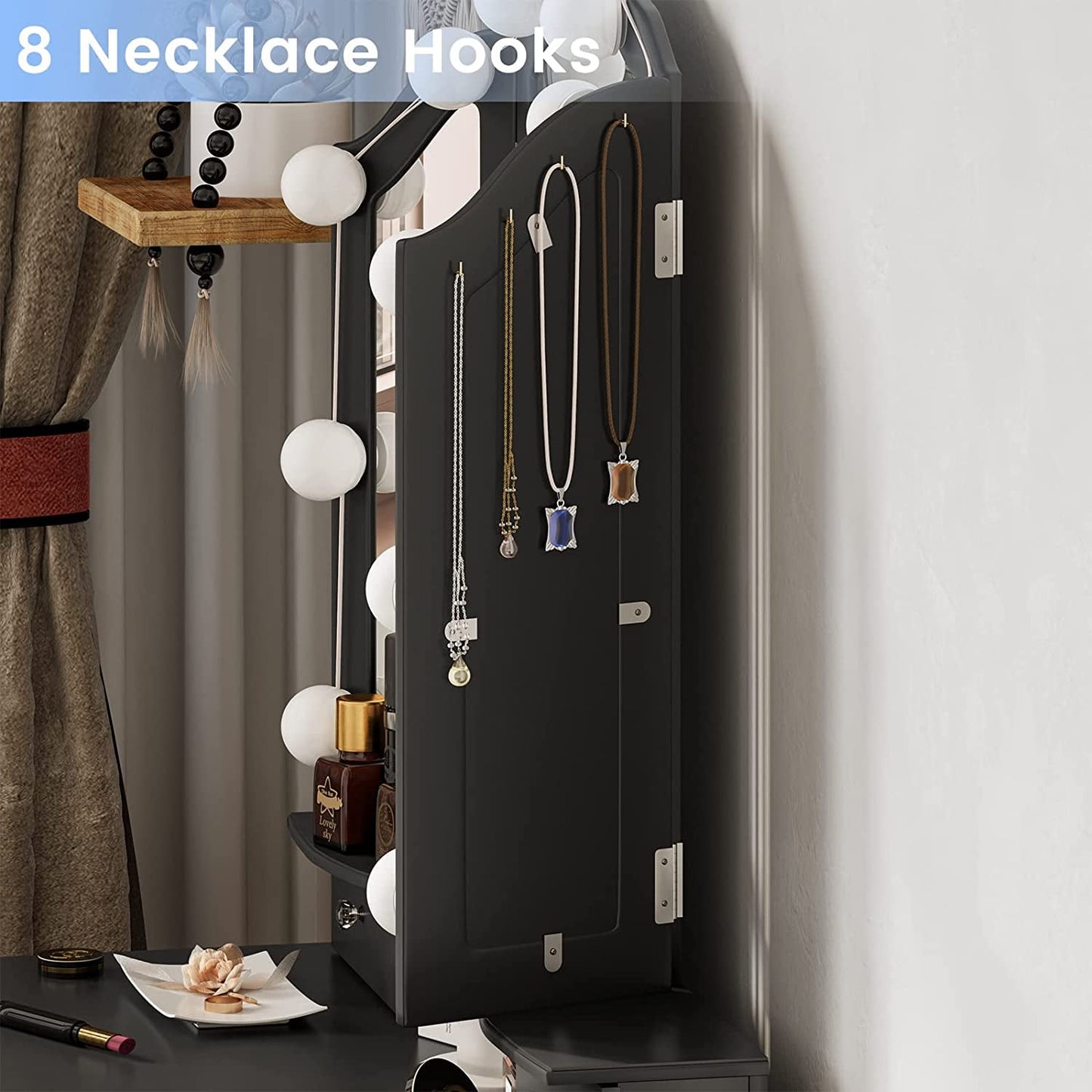 Afuhokles Makeup Vanity Table Desk Set with Lighted Tri-Fold Mirror and Stool for Bedroom, Black