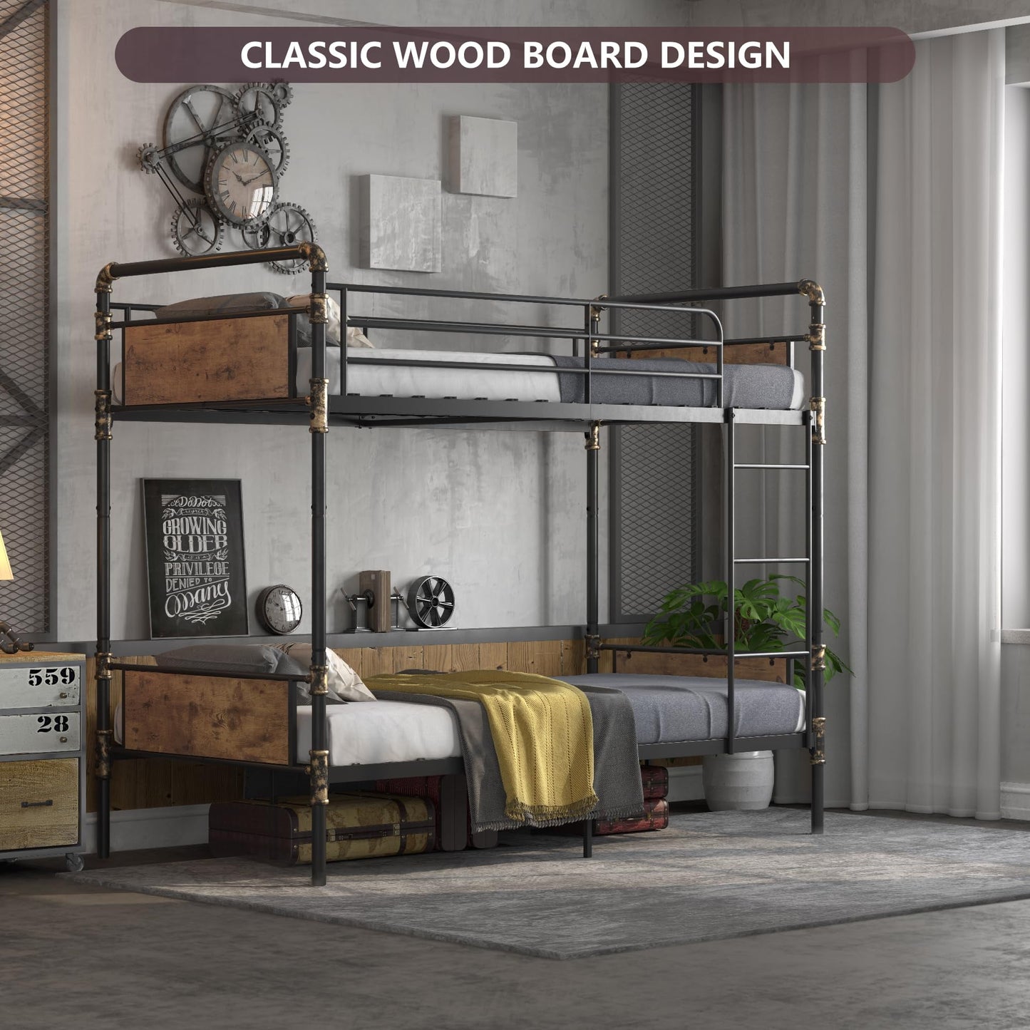 Alohappy Twin Over Twin Bunk Bed, Convertible Twin Bunk Beds Into 2 Individual Bed, Removable Ladder & Safety Guard Rail for Kids, Modern Industrial Style, Easy Assembly, No Box Spring Needed (Brown)