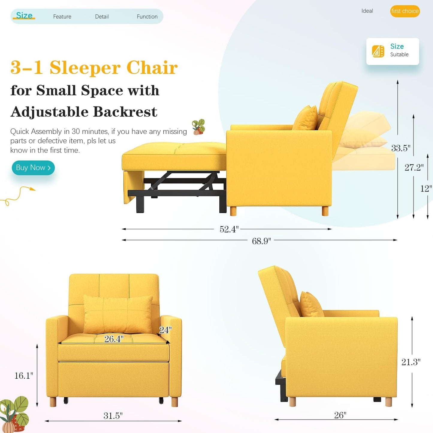 AECOJOY 3-in-1 Sleeper Sofa Chair, Luminous Yellow, Foldable Indoor Lounger, Pull Out Convertible Bed