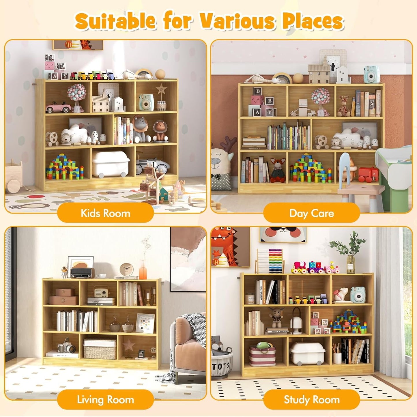 HONEY JOY Kids Toy Storage Organizer, 8-Section Storage Daycare Shelf for Preschool, Children 3-Tier Open Wooden Display Book Shelf Organizer for Classroom, Playroom & Nursery, Kindergarten(Natural)